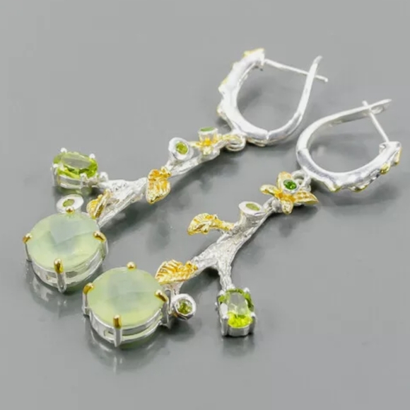 Prehnite & Peridot Floral Drop sterling earrings - Picture 2 of 3